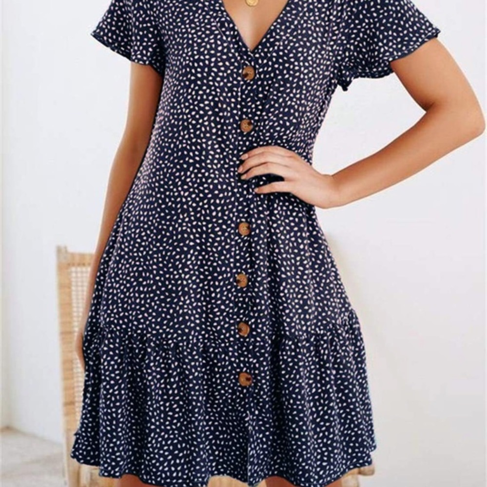 Blue and white patterned button down short sleeve shirt dress